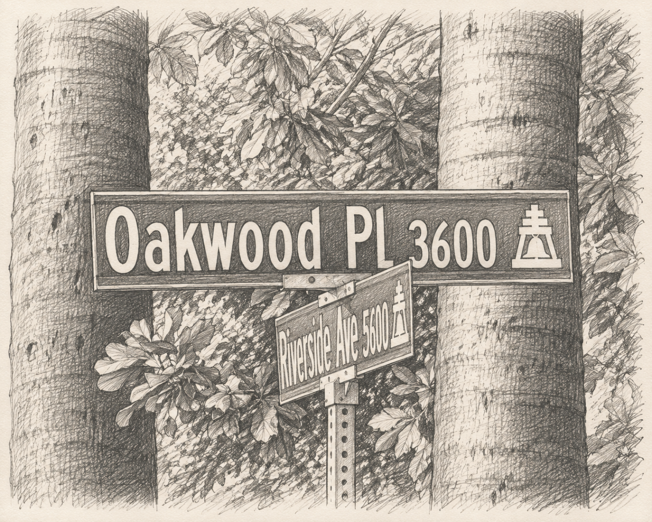 Sketch of the Oakwood Place and Riverside Avenue street signs in the Wood Streets neighborhood